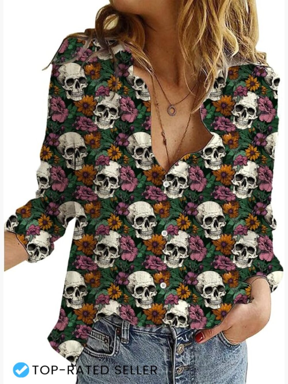 Women's Halloween Button Down Shirt V Neck Long Sleeve Blouse Fall Party Top